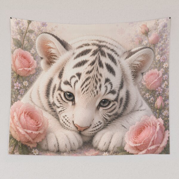 Item preview, Cute White Tiger Cub Among Soft Pink Roses designed and sold by ManJiangHong.