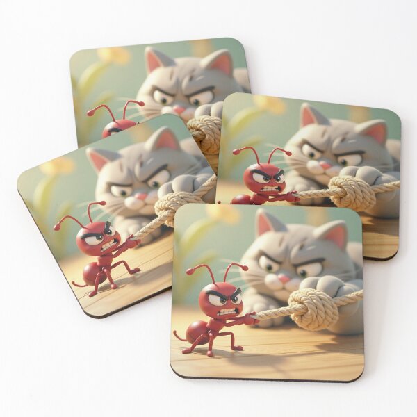 Item preview, Determined Cartoon Ant Tugging Rope Against Curious Cat In Playful Tug-of-War Showdown designed and sold by LisaMise.
