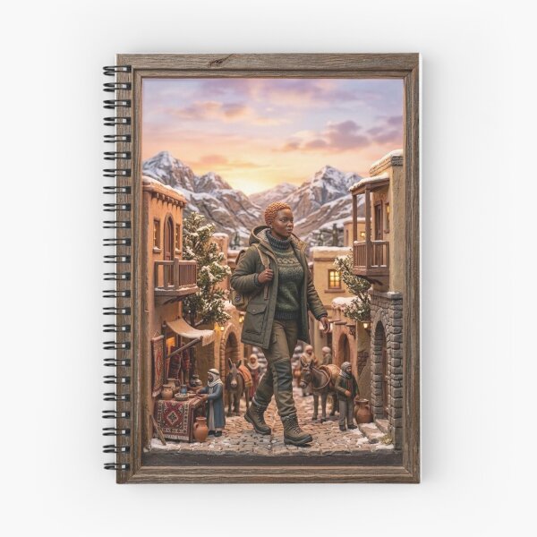 Item preview, WINTER DIORAMA: ADVENTUROUS WOMAN IN MOUNTAIN VILLAGE WITH SNOW AND DONKEYS designed and sold by Curiosiart.