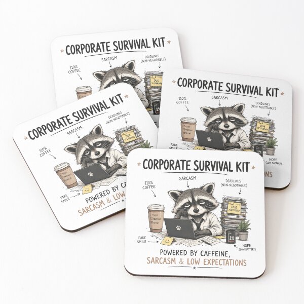 Item preview, Powered by Caffeine, Sarcasm & Low Expectations – Corporate Survival Kit Raccoon designed and sold by Echo_Lane.