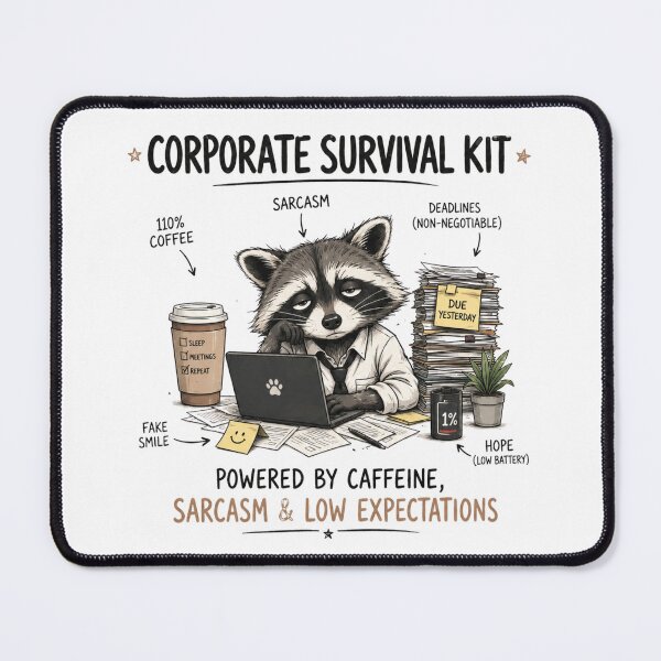 Item preview, Powered by Caffeine, Sarcasm & Low Expectations – Corporate Survival Kit Raccoon designed and sold by Echo_Lane.