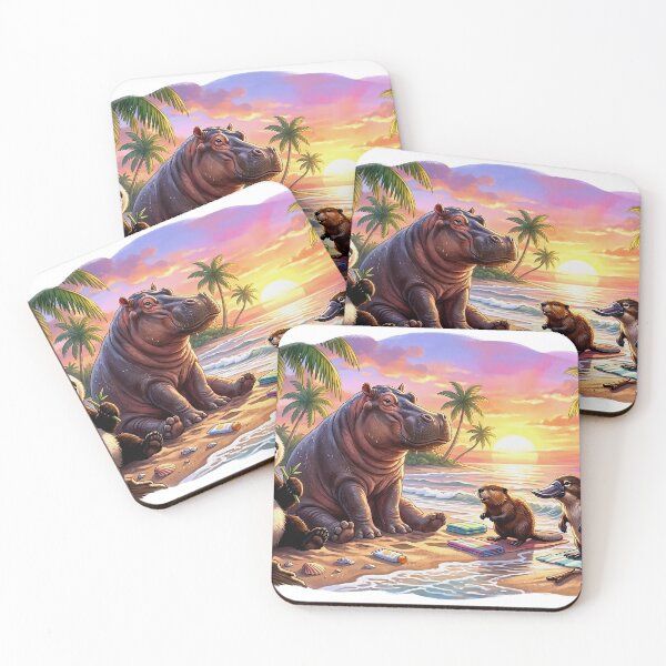 Item preview, Cute Animal Beach Party at Sunset – Panda, Hippo, Beaver & Platypus Tropical Vacation designed and sold by mikemuchu.