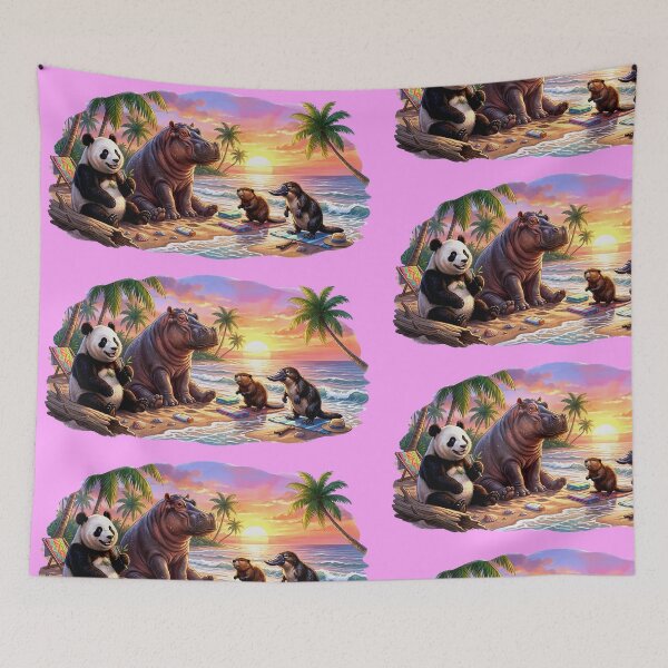 Item preview, Cute Animal Beach Party at Sunset – Panda, Hippo, Beaver & Platypus Tropical Vacation designed and sold by mikemuchu.