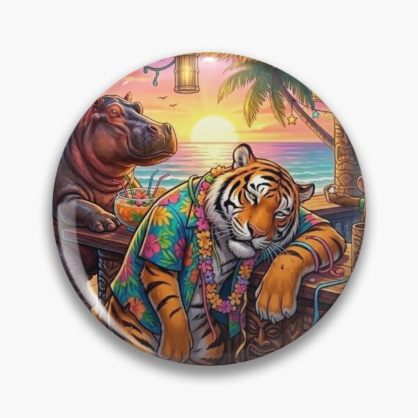 Item preview, Funny Tropical Animal Bar Party – Tiger, Panda & Hippo Hawaiian Beach Sunset designed and sold by mikemuchu.