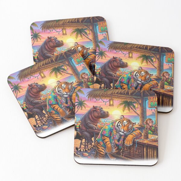 Item preview, Funny Tropical Animal Bar Party – Tiger, Panda & Hippo Hawaiian Beach Sunset designed and sold by mikemuchu.