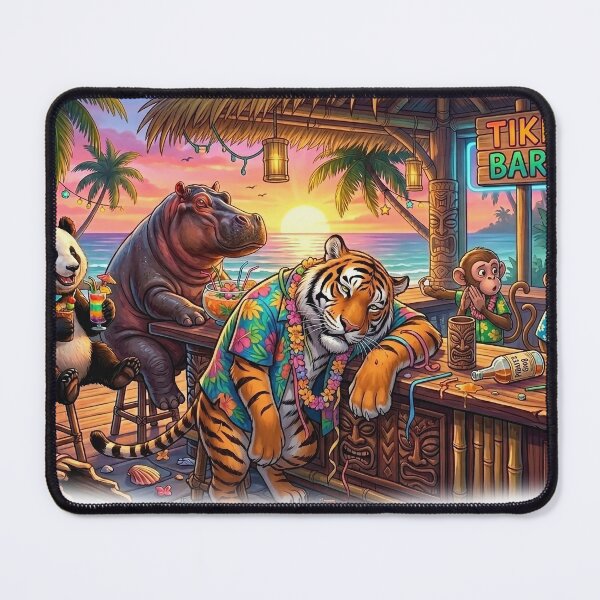 Item preview, Funny Tropical Animal Bar Party – Tiger, Panda & Hippo Hawaiian Beach Sunset designed and sold by mikemuchu.