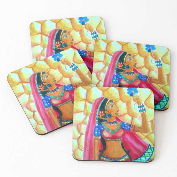 Item preview, Fantasy Indian traditional beautiful brown maiden blue flower wall art designed and sold by Shukasya-Arts.