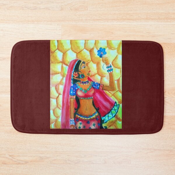 Item preview, Fantasy Indian traditional beautiful brown maiden blue flower wall art designed and sold by Shukasya-Arts.