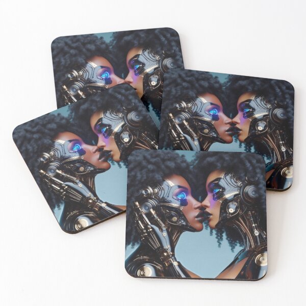 Item preview, Afrofuturism Cyborg Love | WLW Robot Couple Kiss | Sci Fi Black Lesbian Art designed and sold by IRON SIREN.