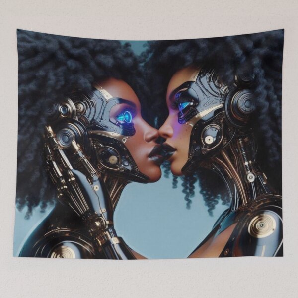 Item preview, Afrofuturism Cyborg Love | WLW Robot Couple Kiss | Sci Fi Black Lesbian Art designed and sold by IRON SIREN.