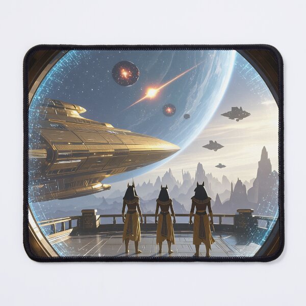 Item preview, Ancient Egyptian Figures Overlooking a Futuristic Space Ship Through a Window of Stars and Hieroglyphs designed and sold by LisaMise.