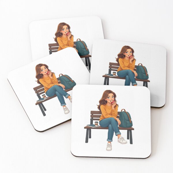 Item preview, Cute Girl Sitting on Bench with Coffee and Backpack designed and sold by bakosshops.