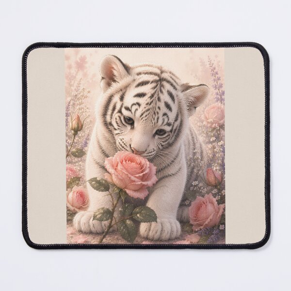 Item preview, White Tiger Cub Smelling a Pink Rose designed and sold by ManJiangHong.
