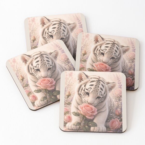 Item preview, White Tiger Cub Smelling a Pink Rose designed and sold by ManJiangHong.