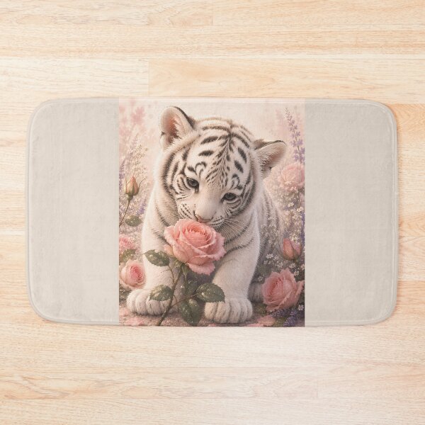 Item preview, White Tiger Cub Smelling a Pink Rose designed and sold by ManJiangHong.