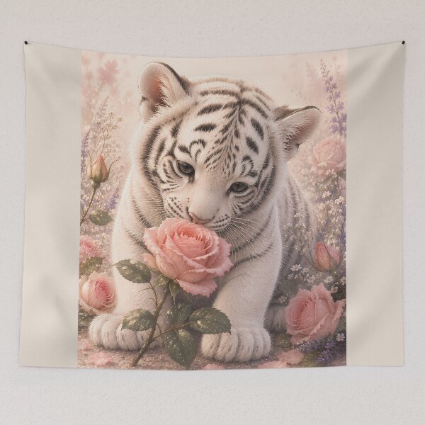 Item preview, White Tiger Cub Smelling a Pink Rose designed and sold by ManJiangHong.
