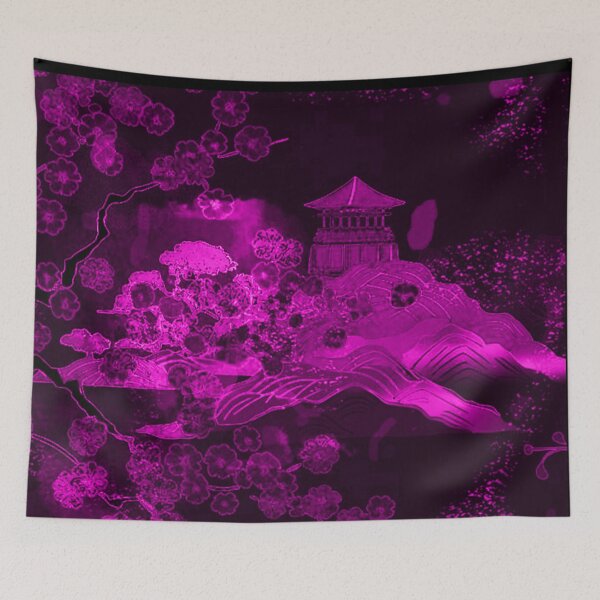 Item preview, Neon Sakura Dreamscape – Magenta Night Pagoda Art IV designed and sold by BatNature.