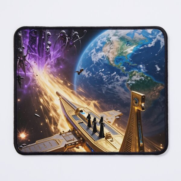 Item preview, Golden Spaceship Approaches Earth Amid Alien Invasion With Dark Obelisks and Cosmic Energy designed and sold by LisaMise.