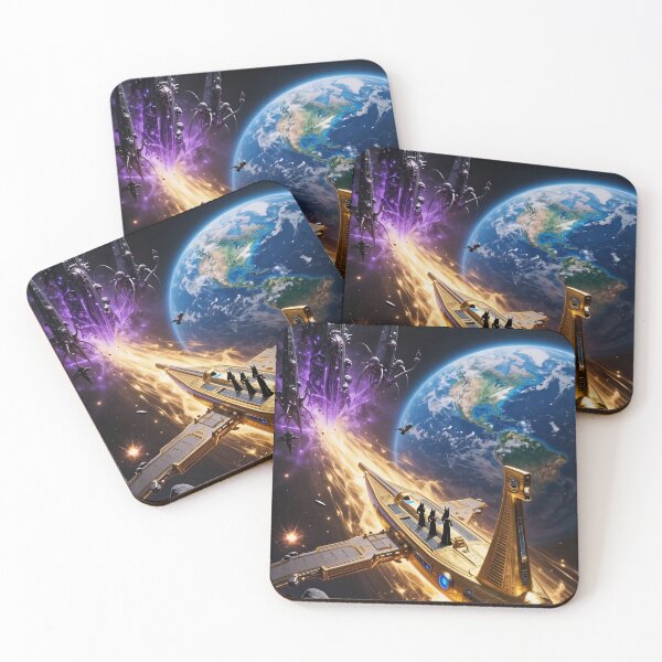 Item preview, Golden Spaceship Approaches Earth Amid Alien Invasion With Dark Obelisks and Cosmic Energy designed and sold by LisaMise.