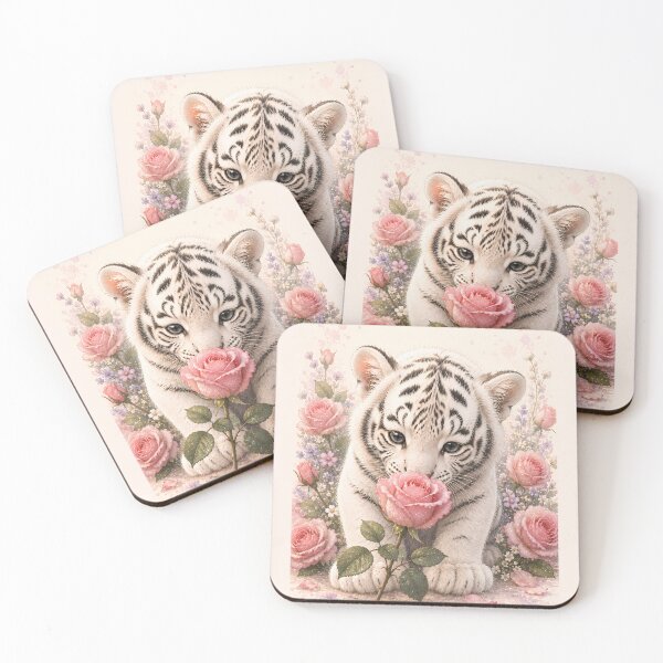 Item preview, White Tiger Cub Smelling a Pink Rose designed and sold by ManJiangHong.