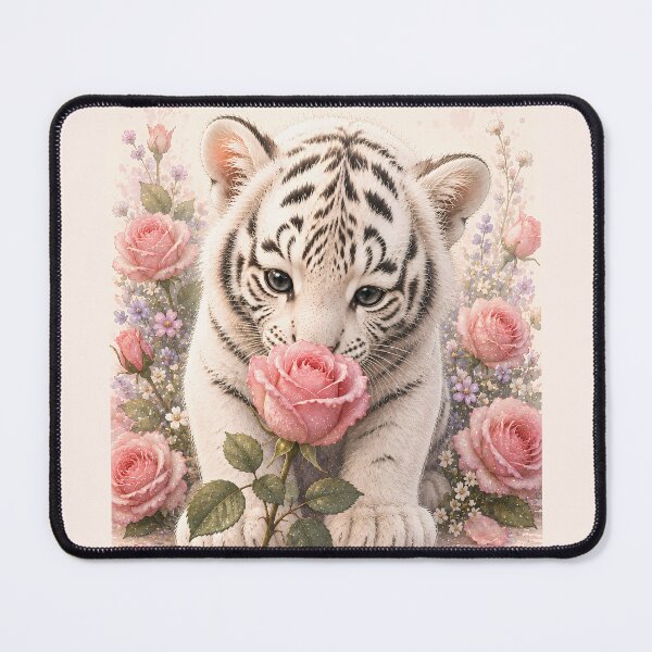 Item preview, White Tiger Cub Smelling a Pink Rose designed and sold by ManJiangHong.