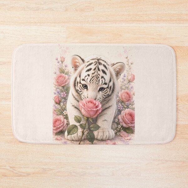 Item preview, White Tiger Cub Smelling a Pink Rose designed and sold by ManJiangHong.