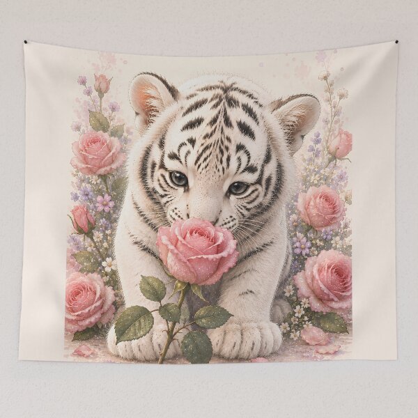 Item preview, White Tiger Cub Smelling a Pink Rose designed and sold by ManJiangHong.