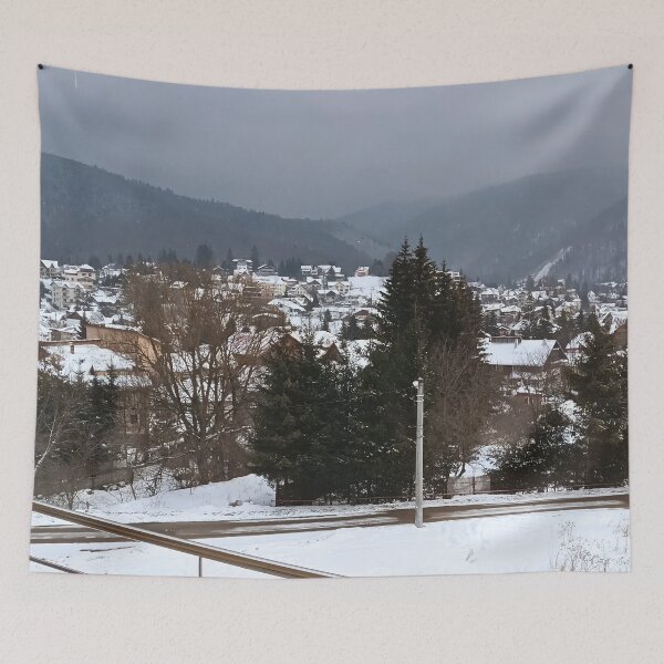 Item preview, Winter Village Panorama – Scenic Rural Landscape Art from Romania designed and sold by MSMPrintDesign.