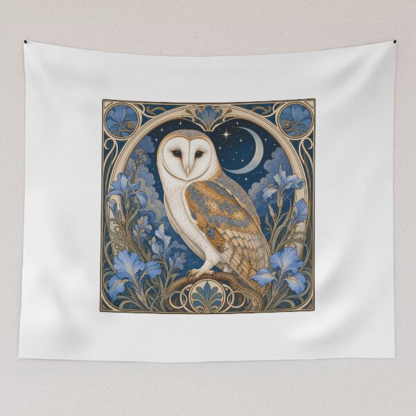 Item preview, Art Nouveau Barn Owl Moon Iris Floral Design designed and sold by AntiqueImages.