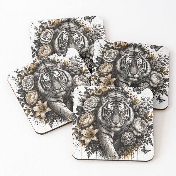 Item preview, Luxury White Tiger with Flowers – Botanical Wildlife Art designed and sold by GalleryPeak.