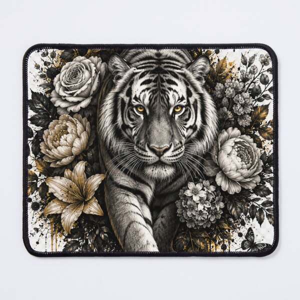 Item preview, Luxury White Tiger with Flowers – Botanical Wildlife Art designed and sold by GalleryPeak.