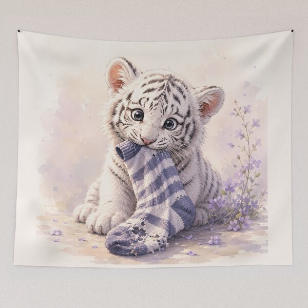 Item preview, Cute White Tiger Cub Playing with a Blue Sock designed and sold by ManJiangHong.