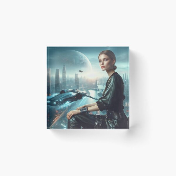Item preview, Futuristic City Moon | Sci Fi Woman Portrait | Spaceship Skyline Wall Art designed and sold by IRON SIREN.