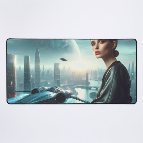 Item preview, Futuristic City Moon | Sci Fi Woman Portrait | Spaceship Skyline Wall Art designed and sold by IRON SIREN.