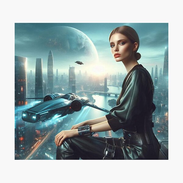 Item preview, Futuristic City Moon | Sci Fi Woman Portrait | Spaceship Skyline Wall Art designed and sold by IRON SIREN.