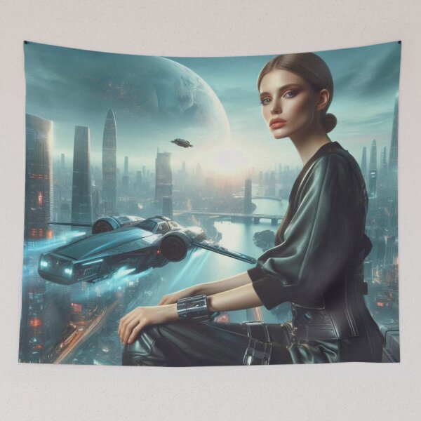 Item preview, Futuristic City Moon | Sci Fi Woman Portrait | Spaceship Skyline Wall Art designed and sold by IRON SIREN.