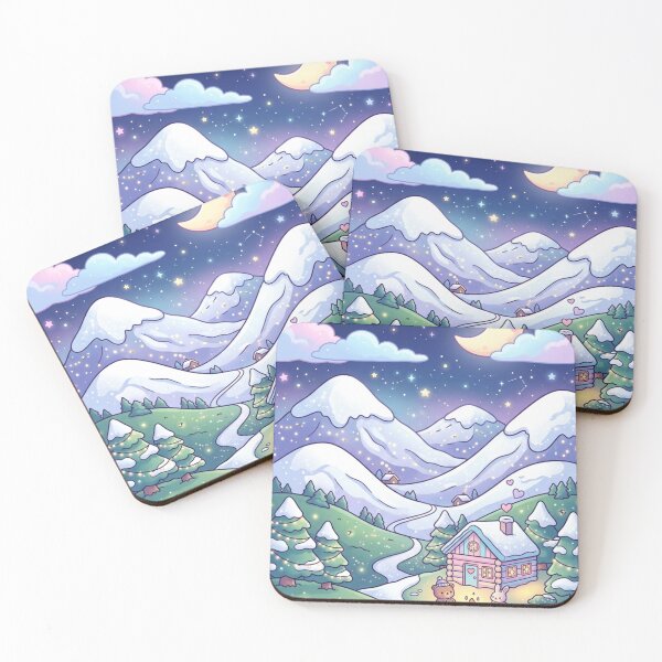 Item preview, Kawaii nightscape with bear and rabbit by the campfire in fantasy snowy mountains designed and sold by Curiosiart.