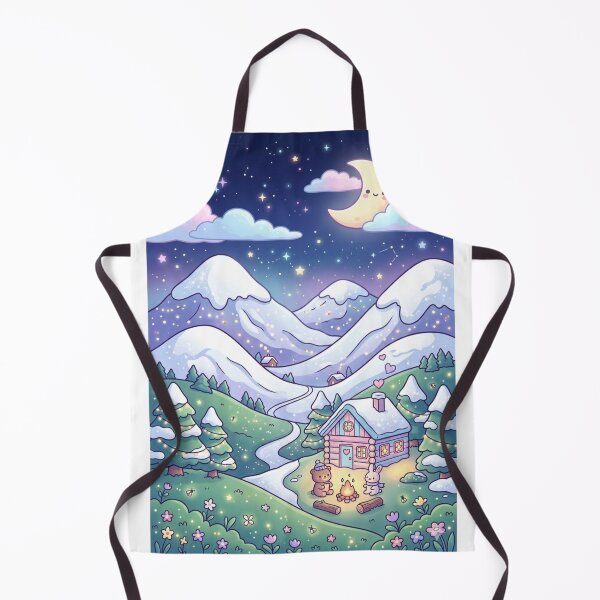 Item preview, Kawaii nightscape with bear and rabbit by the campfire in fantasy snowy mountains designed and sold by Curiosiart.