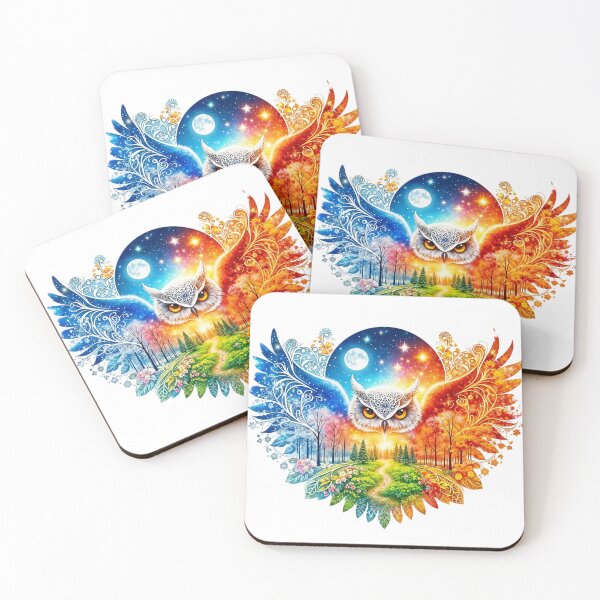 Item preview, Rainbow Fantasy Owl with Four Seasons Landscape and Starry Moon designed and sold by Pioneer Spirit Market.
