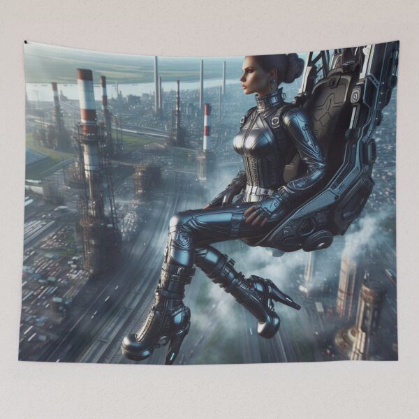 Item preview, Cyberpunk Pilot Woman | Floating Chair Industrial Skyline | Futuristic Armor designed and sold by IRON SIREN.