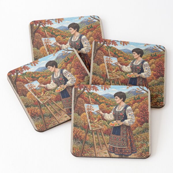 Item preview, WOMAN ARTIST PAINTING AUTUMN LANDSCAPE IN FOLK EMBROIDERY ART STYLE designed and sold by Curiosiart.