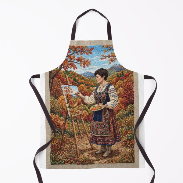 Item preview, WOMAN ARTIST PAINTING AUTUMN LANDSCAPE IN FOLK EMBROIDERY ART STYLE designed and sold by Curiosiart.