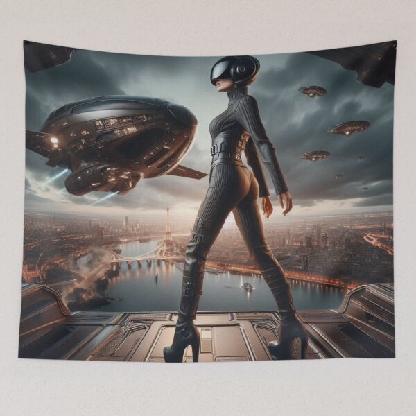 Item preview, Futuristic Paris Eiffel Tower | Sci Fi Woman Helmet | Spaceship City Wall Art designed and sold by IRON SIREN.
