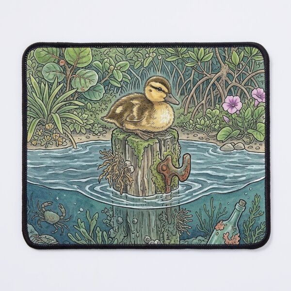 Item preview, Duckling on a Mossy Post — Underwater Mangrove Scene Illustration designed and sold by Breezy Studio.