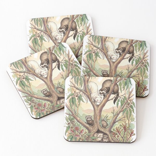 Item preview, Ferret Family in a Eucalyptus Tree — Watercolor Wildlife Illustration designed and sold by Breezy Studio.