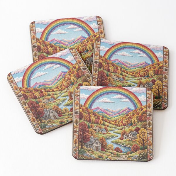 Item preview, AUTUMN LANDSCAPE WITH RAINBOW, TRADITIONAL EMBROIDERY STYLE, AND RUSTIC CABINS designed and sold by Curiosiart.