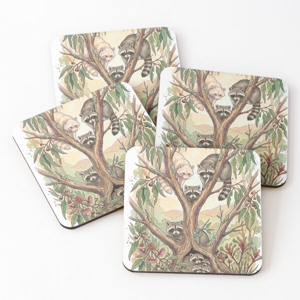 Item preview, Raccoon Family in a Eucalyptus Tree — Watercolor Wildlife Illustration designed and sold by Breezy Studio.