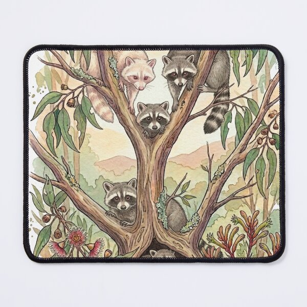 Item preview, Raccoon Family in a Eucalyptus Tree — Watercolor Wildlife Illustration designed and sold by Breezy Studio.
