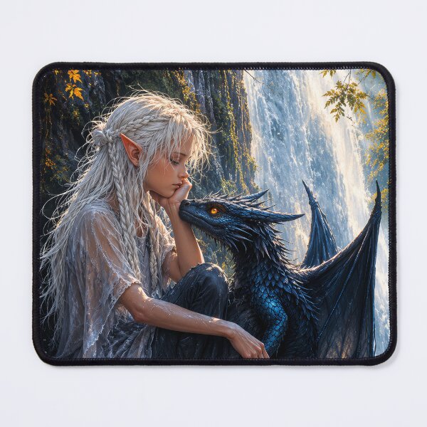 Item preview, Elf Girl and Dragon Companion at Waterfall | Magical Fantasy Art designed and sold by DrakariArt.