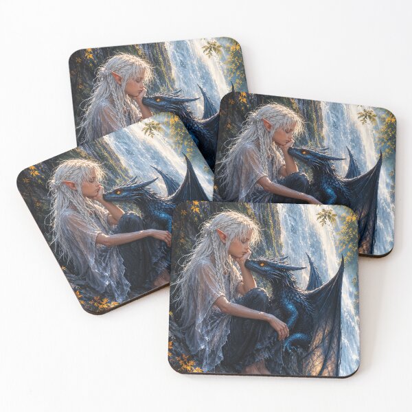 Item preview, Elf Girl and Dragon Companion at Waterfall | Magical Fantasy Art designed and sold by DrakariArt.
